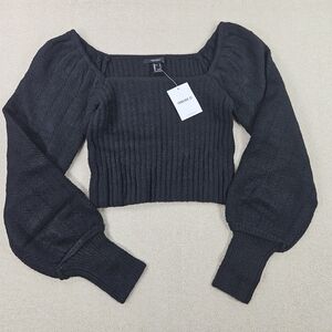 Forever 21 Black Ribbed Puff Sleeve Crop Top L NWT